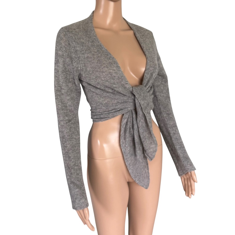 Garnet Hill 100% Cashmere Tie Front Shrug Sweater Gray Cropped Bolero S - Picture 2 of 7